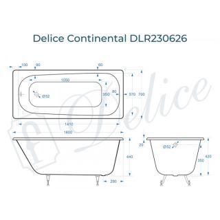 Чугунная ванна 160x70 см Delice Continental DLR230626